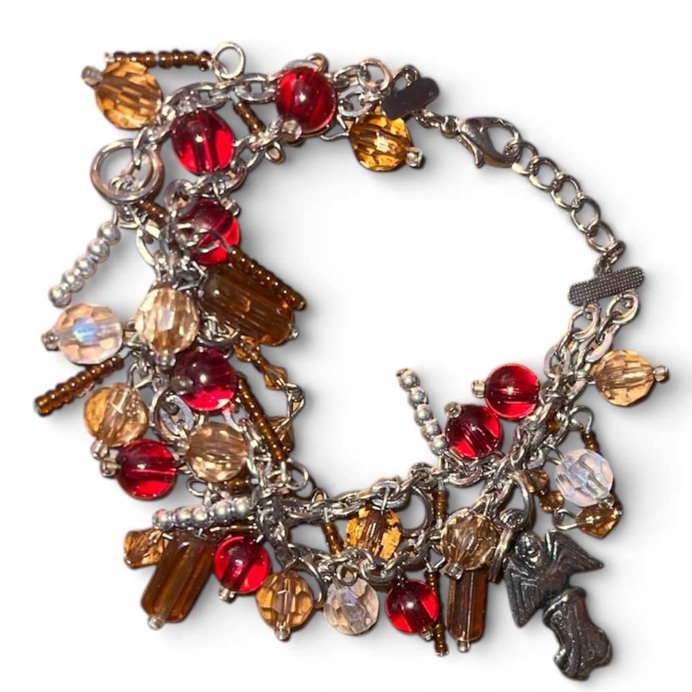 Woman’s Silver Plated-Red & Amber Beaded Charm Bracelet With Silver Angel Charm